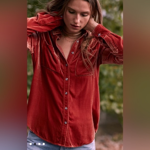 Anthropologie Holding Horses Rust Orange Crushed Velvet Silk Button Down Size S - Picture 2 of 15
